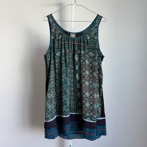 One September‎ Tank Top Sleeveless Teal Blue Paisley Geometric Print Size L